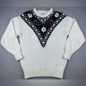 Women's White Vintage 80s Bristol Court Knit Sweater with Black and Red Pattern